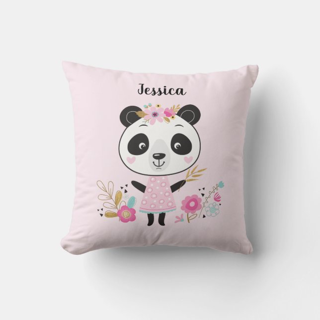 Personalized Cute Pink Panda Bear Throw Pillow (Front)