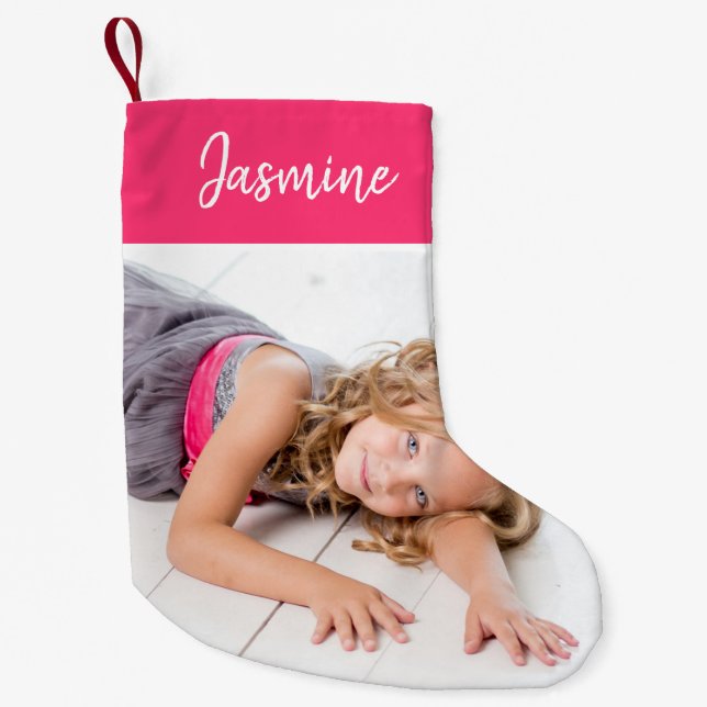 Personalized Cute Pink Photo Small Christmas Stocking (Front)