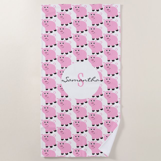 Personalized Cute Pink Pig Pattern Girls Animal Beach Towel (Front)