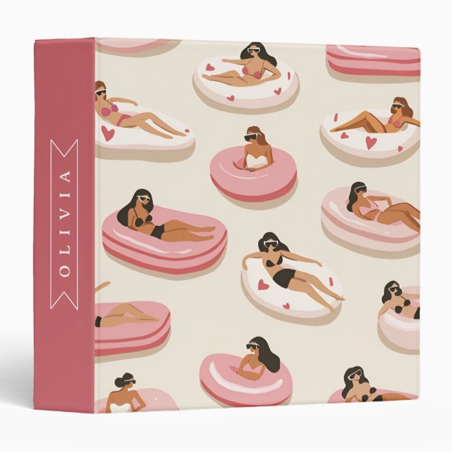 Personalized Cute Pink Pool Float Summer Aesthetic 3 Ring Binder (Front/Spine)