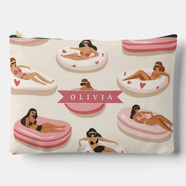 Personalized Cute Pink Pool Float Summer Aesthetic Accessory Pouch (Front)