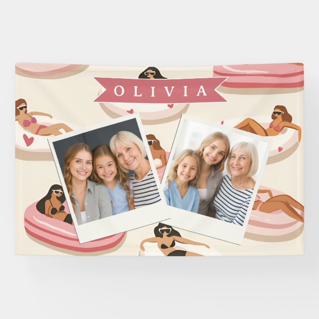 Personalized Cute Pink Pool Float Summer Aesthetic Banner (Horizontal)