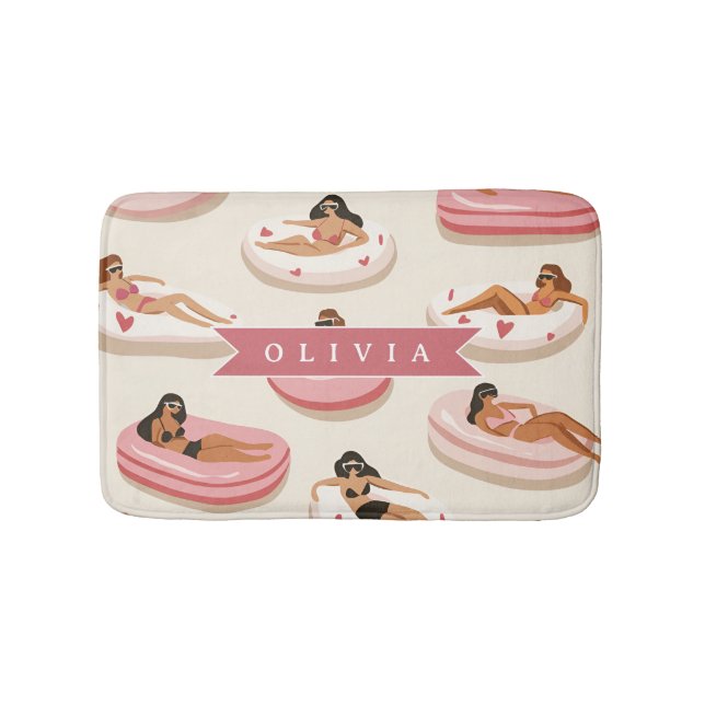 Personalized Cute Pink Pool Float Summer Aesthetic Bath Mat (Front)