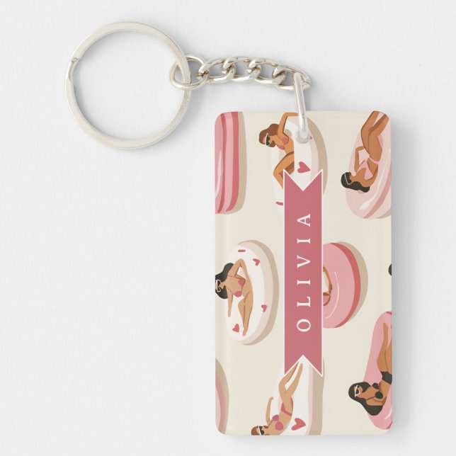 Personalized Cute Pink Pool Float Summer Aesthetic Keychain (Front)
