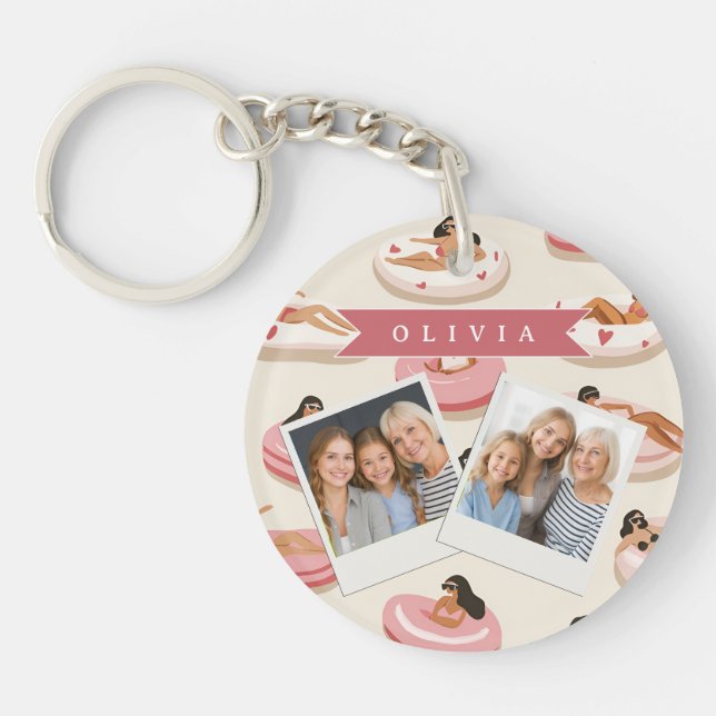 Personalized Cute Pink Pool Float Summer Aesthetic Keychain (Front)