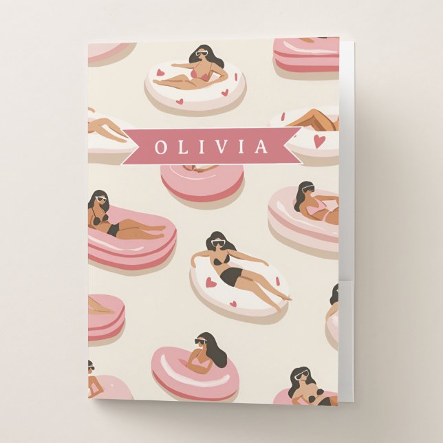 Personalized Cute Pink Pool Float Summer Aesthetic Pocket Folder (Front)