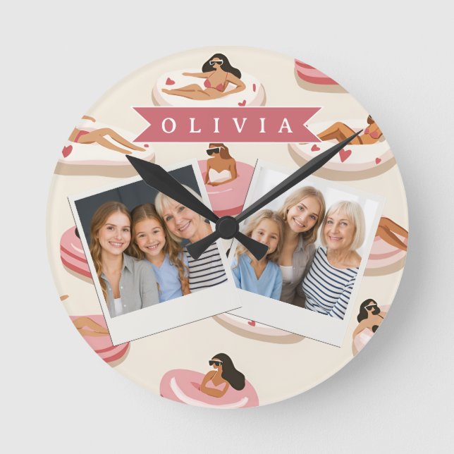 Personalized Cute Pink Pool Float Summer Aesthetic Round Clock (Front)