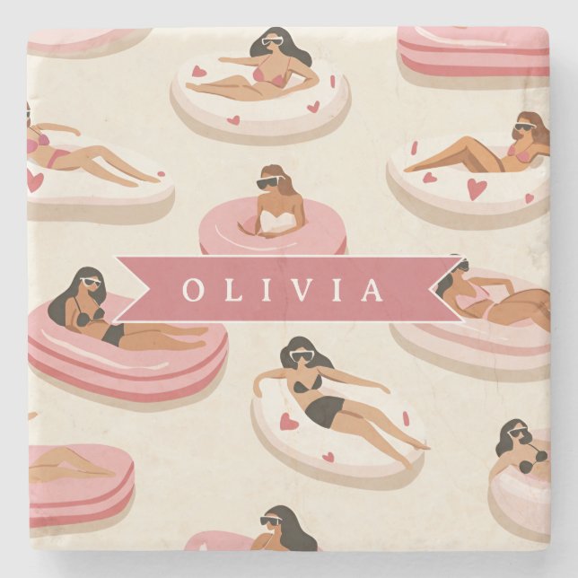 Personalized Cute Pink Pool Float Summer Aesthetic Stone Coaster (Front)