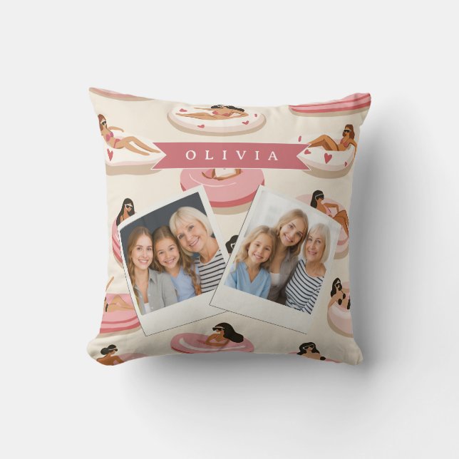 Personalized Cute Pink Pool Float Summer Aesthetic Throw Pillow (Front)