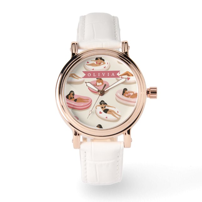 Personalized Cute Pink Pool Float Summer Aesthetic Watch (Front)
