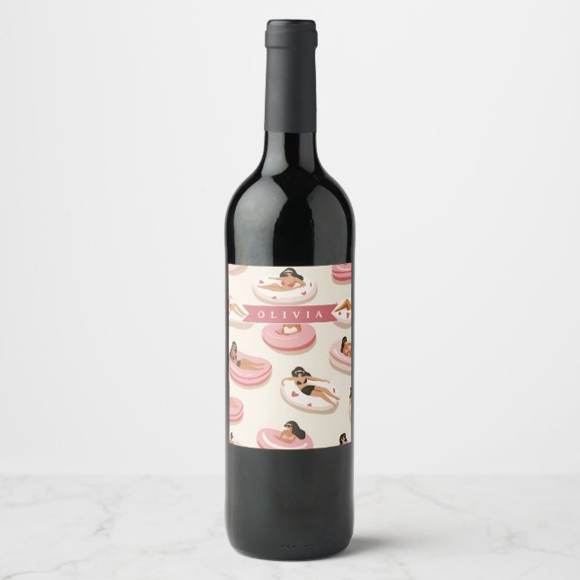 Personalized Cute Pink Pool Float Summer Aesthetic Wine Label (Front)