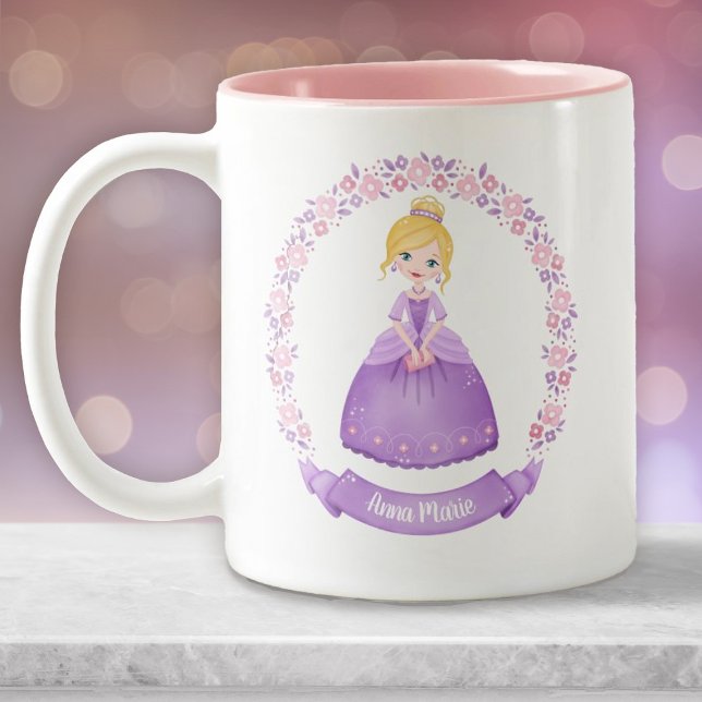 Personalized Cute Pink Purple Princess Two-Tone Coffee Mug (A cute purple princess mug. Personalize it with your girls name.)