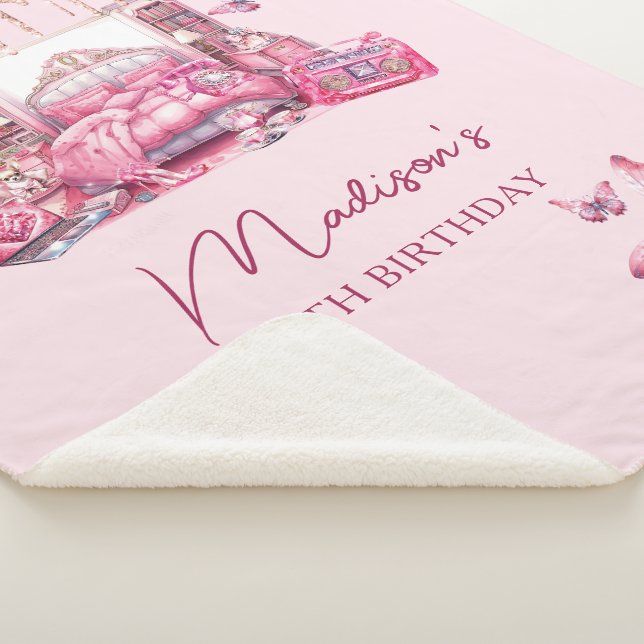 Personalized Cute Pink Sleepover Girl Birthday Sherpa Blanket (3/4)