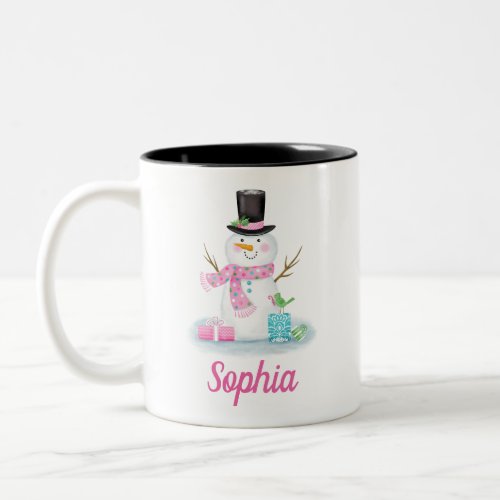 Personalized Cute Pink Snowman Two_Tone Coffee Mug
