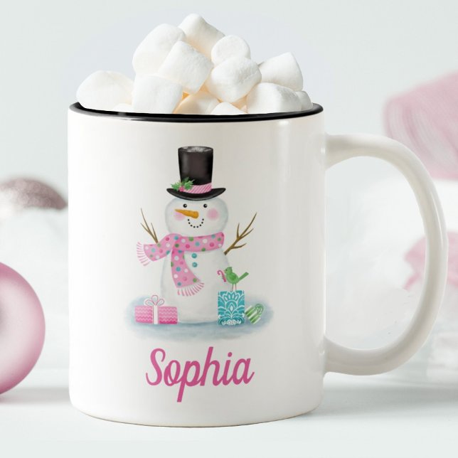 Personalized Cute Pink Snowman Two-Tone Coffee Mug (Personalize this cute pink snowman mug with your name. So fun for christmas!)