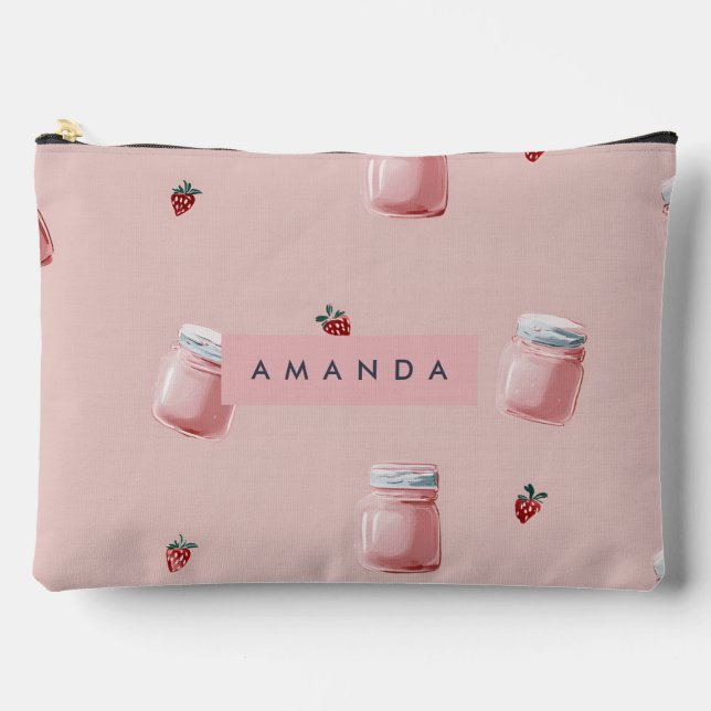 Personalized Cute Pink Strawberry Jar Pattern Accessory Pouch (Front)