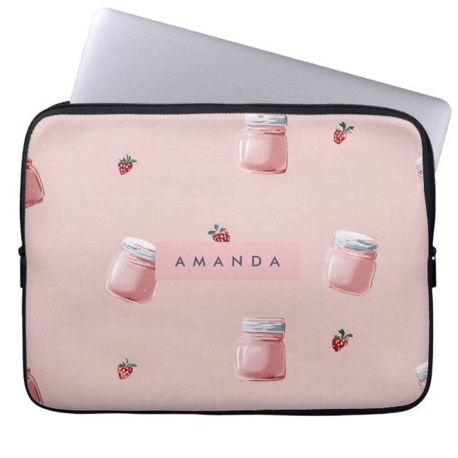 Personalized Cute Pink Strawberry Jar Pattern Laptop Sleeve (Front)