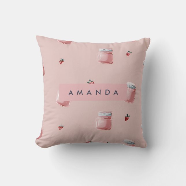 Personalized Cute Pink Strawberry Jar Pattern Throw Pillow (Front)