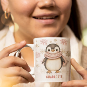 Personalized Cute Pink Winter Penguin Christmas Coffee Mug
