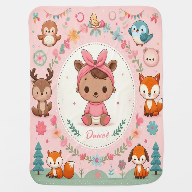 Personalized Cute Pink Woodland Animals Name Baby Blanket (Front)
