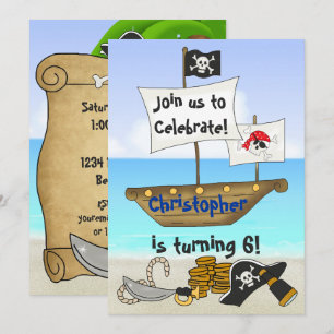 Personalized Cute Pirate Boy's Beach Birthday Invitation