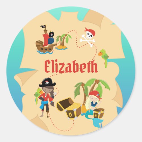 Personalized Cute Pirate Girl Treasure Map Classic Round Sticker