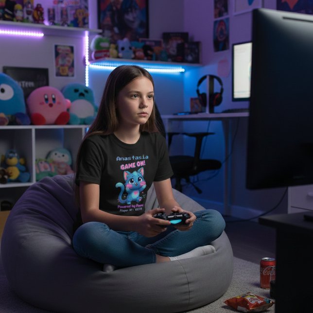 Personalized Cute Pixel Art Blue Cat "Game On" T-Shirt (Creator Uploaded)