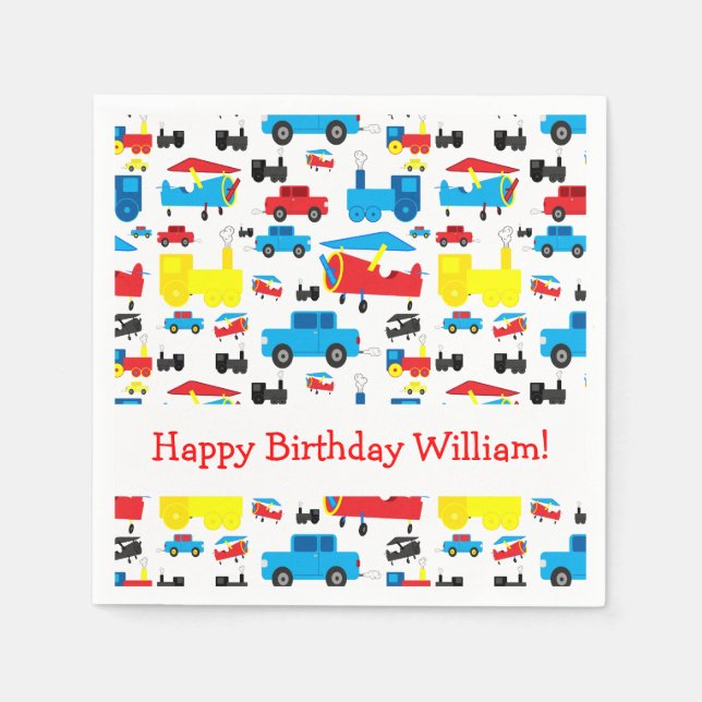 Personalized Cute Planes, Trains and Cars Birthday Napkins (Front)