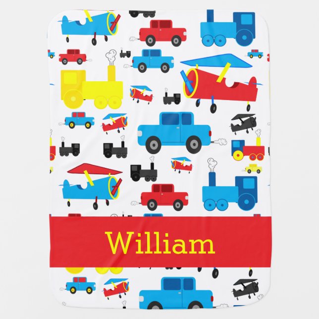 Personalized Cute Planes, Trains and Cars Collage Swaddle Blanket (Front)