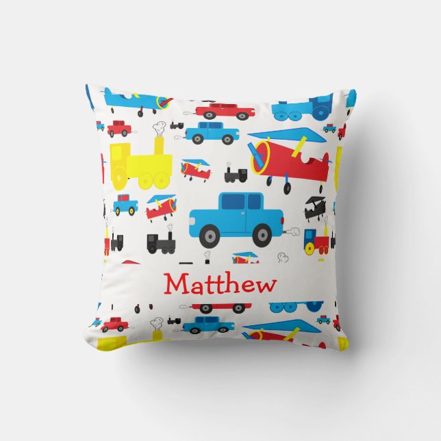 Personalized Cute Planes, Trains and Cars Collage Throw Pillow (Front)