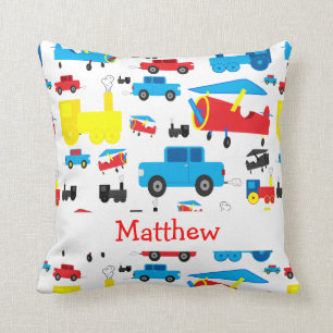 Personalized Cute Planes, Trains and Cars Collage Throw Pillow