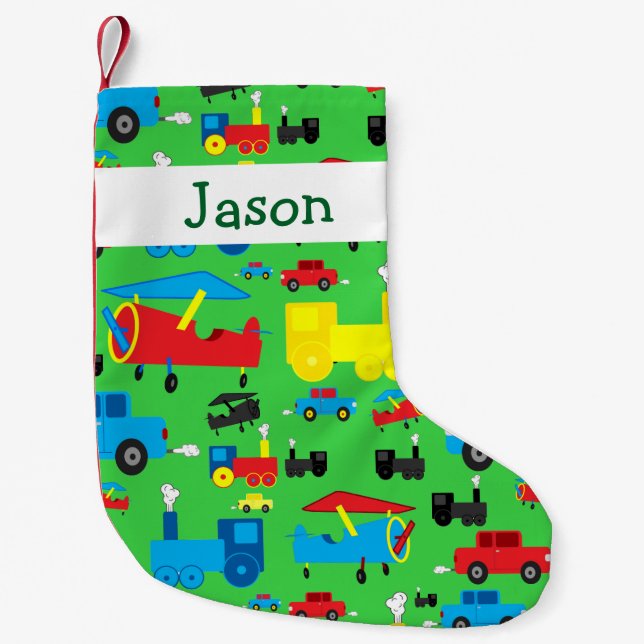 Personalized Cute Planes, Trains and Cars Pattern Small Christmas Stocking (Front)