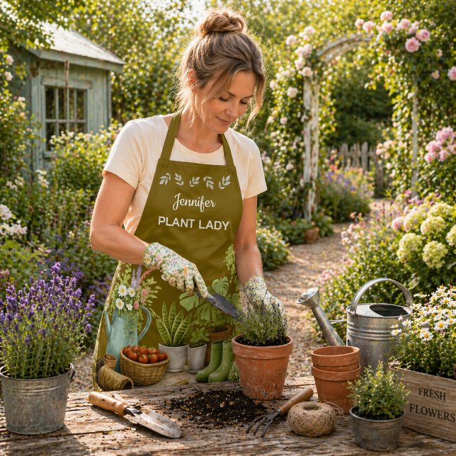 Personalized cute Plant Lady garden Apron (Personalized cute Plant Lady garden Apron. Trendy apron for gardeners, garden and plant lovers.)