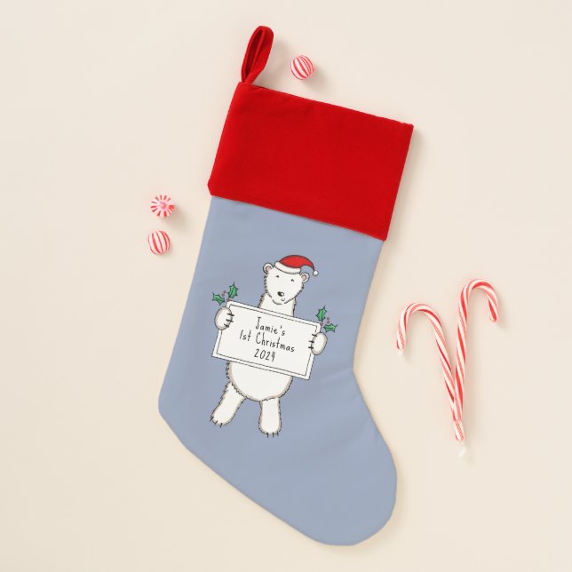 Personalized Cute Polar Bear 1st Christmas Stocking (Front)