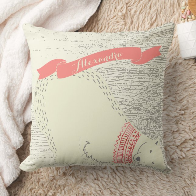 Personalized Cute Polar Bear Apricot Banner Throw Pillow (Blanket)