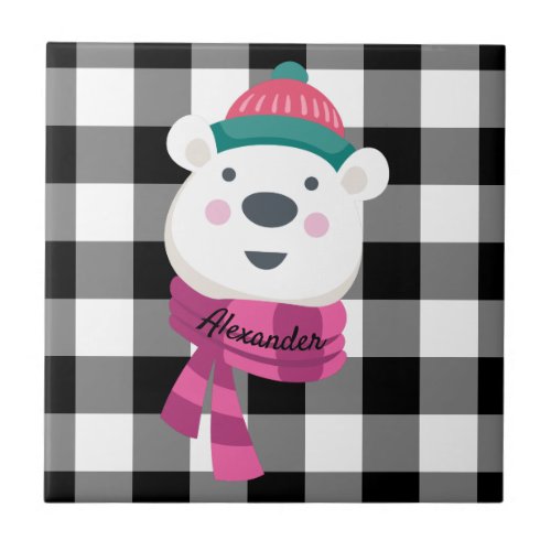 Personalized Cute Polar Bear Black White Gingham Ceramic Tile