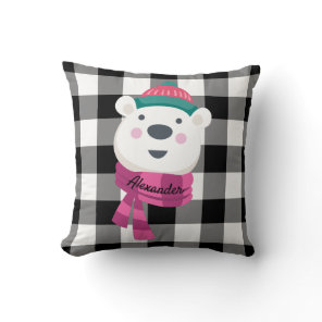 Personalized Cute Polar Bear Black White Gingham Throw Pillow