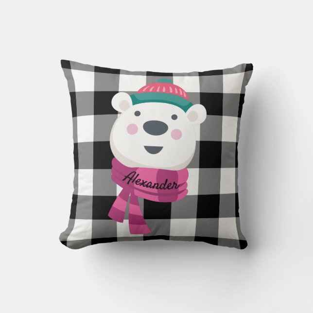 Personalized Cute Polar Bear Black White Gingham Throw Pillow (Front)