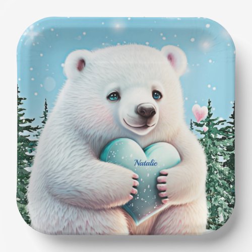 Personalized cute Polar Bear in snow with Heart   Paper Plates