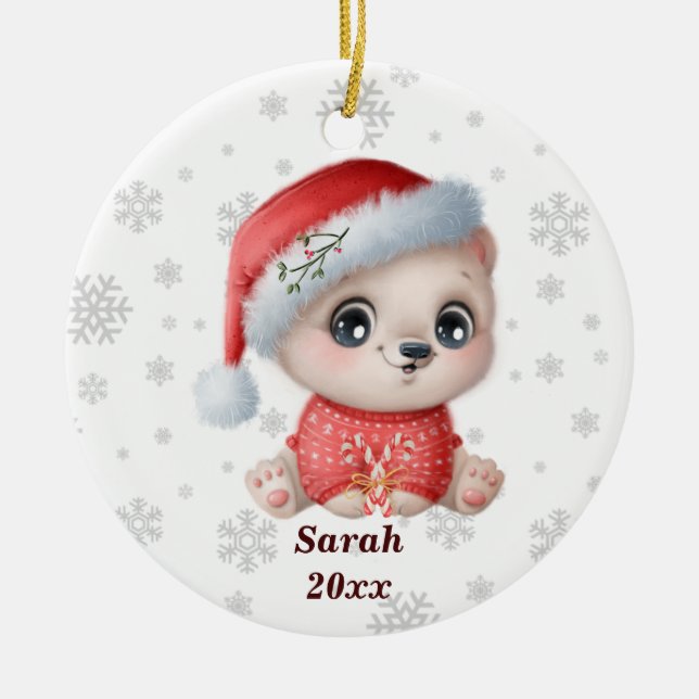 Personalized Cute Polar Bear - My First Christmas  Ceramic Ornament (Front)