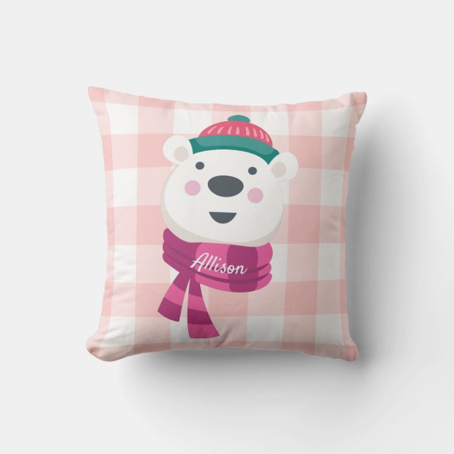 Personalized Cute Polar Bear Pink Gingham Holiday Throw Pillow (Front)
