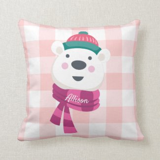 Personalized Cute Polar Bear Pink Gingham Holiday Throw Pillow