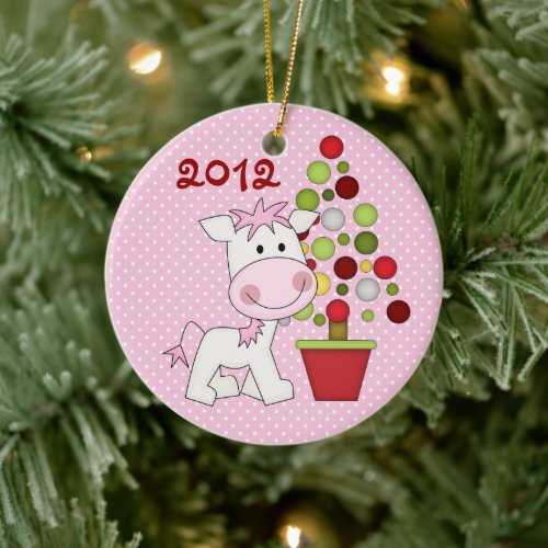 Personalized Cute Pony and Christmas Tree Ceramic Ornament