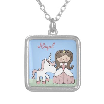 Personalized Cute Princess And Unicorn Silver Plated Necklace by TheCutieCollection at Zazzle