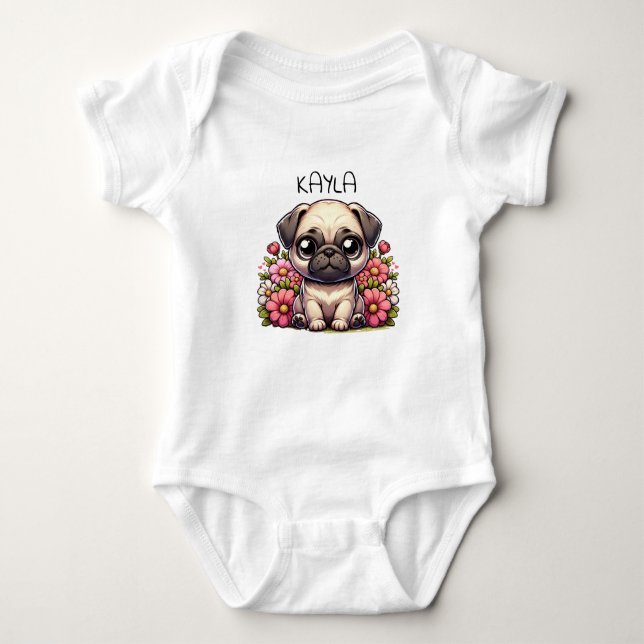 Personalized Cute Pug Puppy Dog Baby Bodysuit (Front)