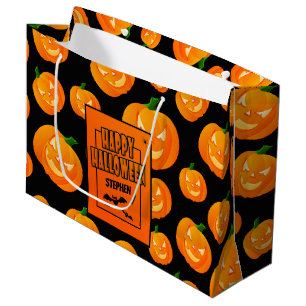 Personalized Cute Pumpkin & Bat Happy Halloween Large Gift Bag