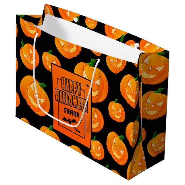Personalized | Cute Pumpkin & Bat Happy Halloween Large Gift Bag (Front Angled)