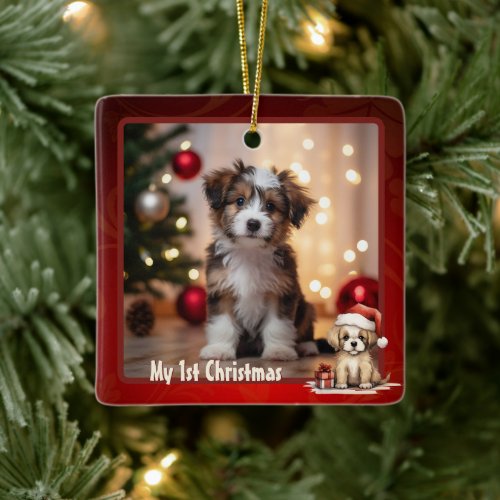 Personalized Cute Puppy Dog 1st Christmas Photo Ceramic Ornament