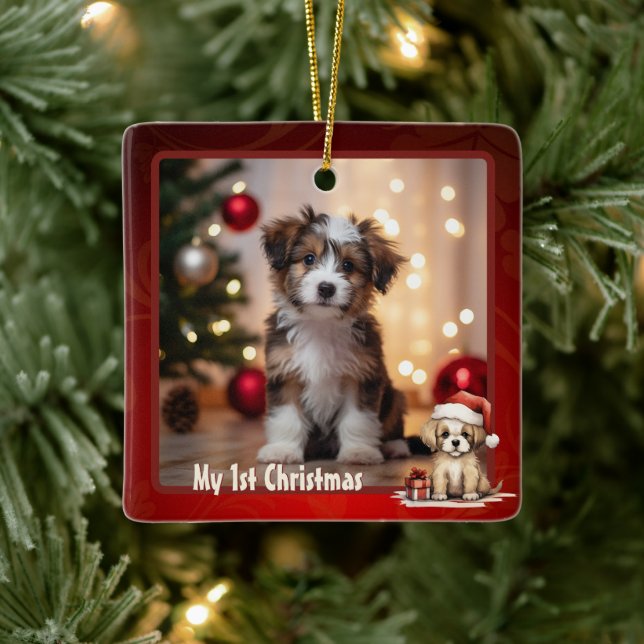 Personalized Cute Puppy Dog 1st Christmas Photo Ceramic Ornament (Tree)