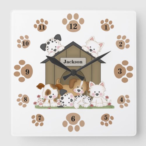 Personalized Cute Puppy Dog Baby Nursery Kids Room Square Wall Clock